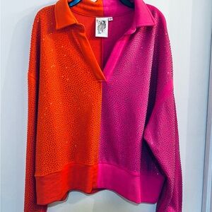 QUEEN OF SPARKLES Orange and Pink Colorblock Rhinestone Sweatshirt Size M